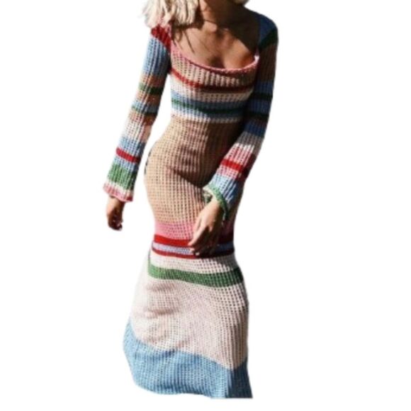 BRAND NEW Womens Colorful Striped Knit Dress - Long Sleeve - NWOT - Size Medium - Picture 1 of 4